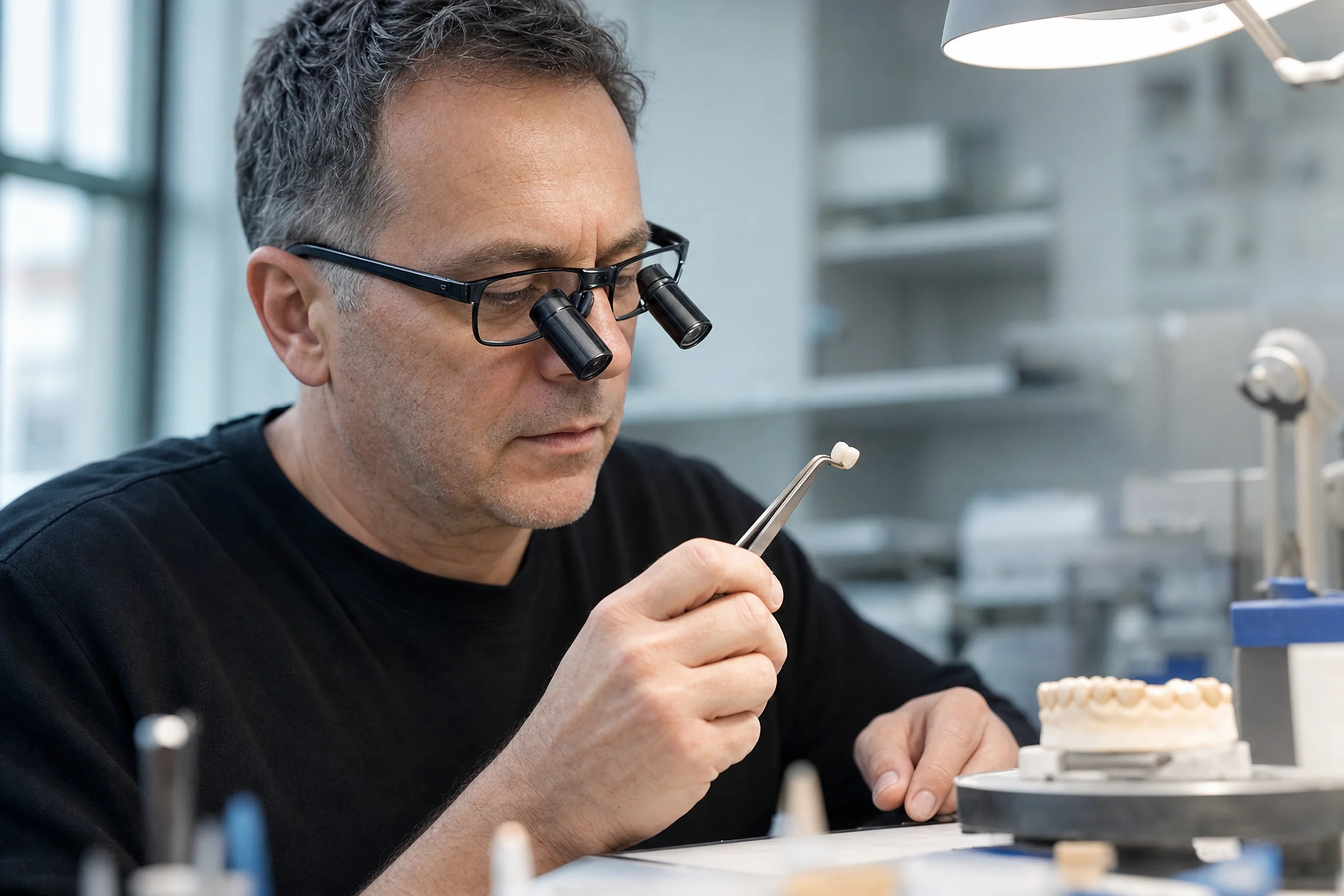 Dental technician inspecting a finished ceramic crown at Prime Lab Dental Studios