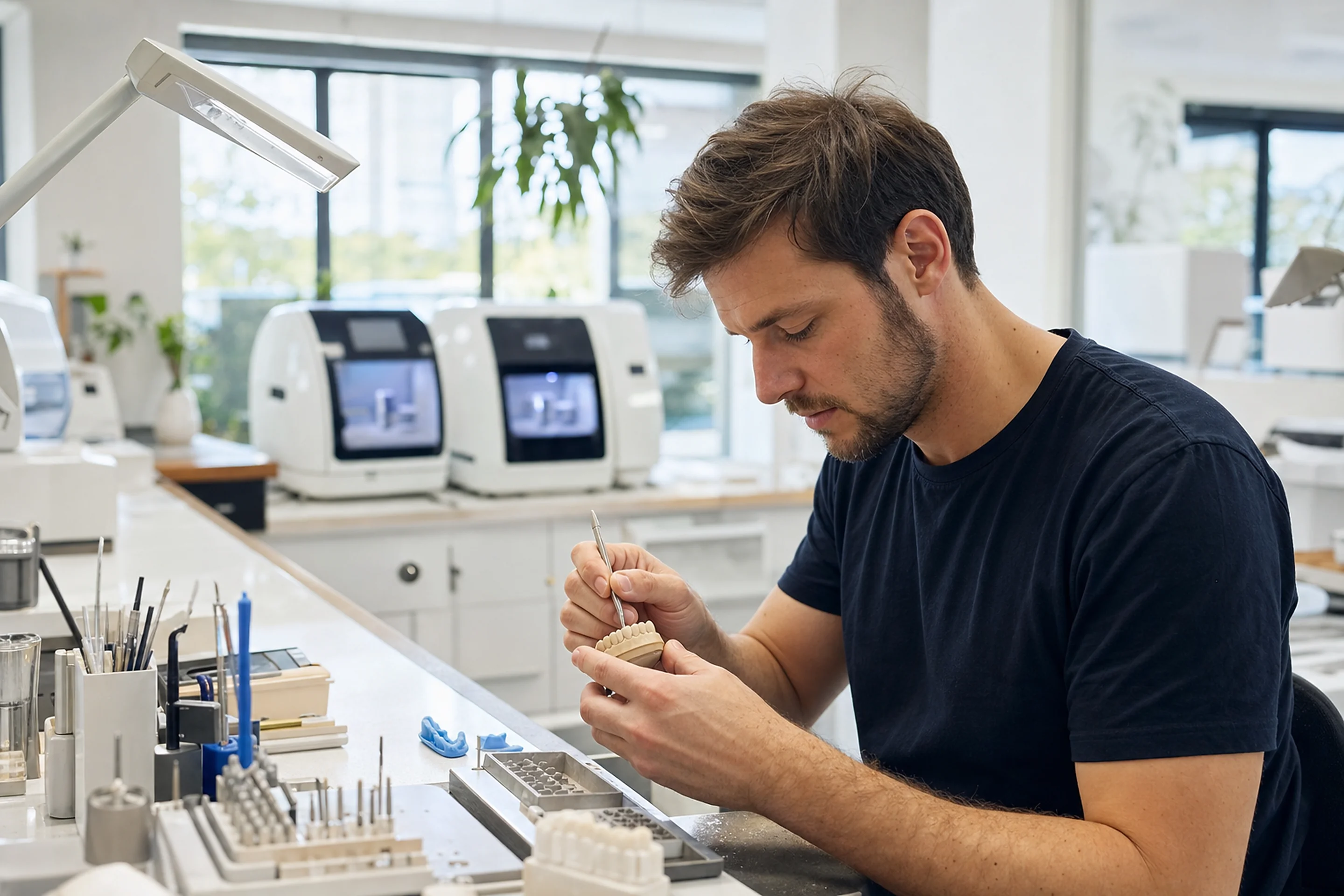 Technician crafting a restoration at a local Perth dental laboratory bench, Prime Lab Dental Studios
